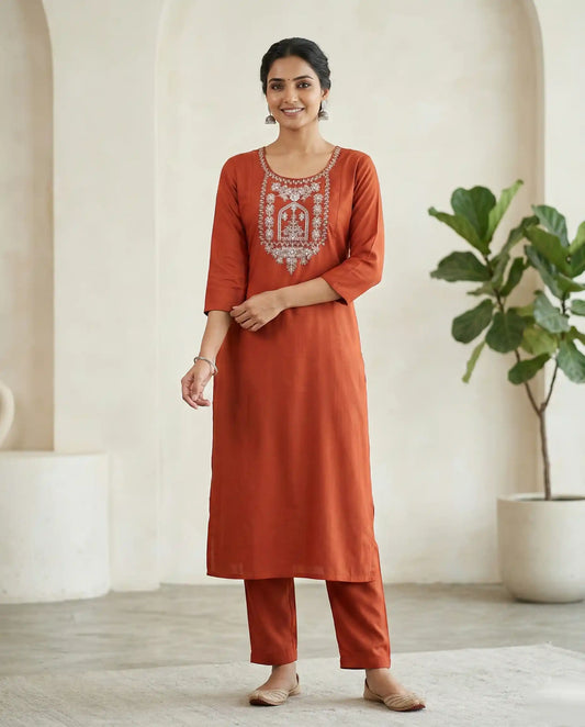Rust Embroidered Cotton Silk Kurti Set with Pants
