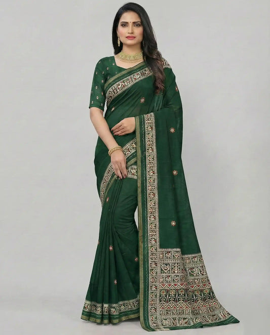 Elegant dark green Jodhpuri cotton saree with traditional beige border detailing, front view on model.