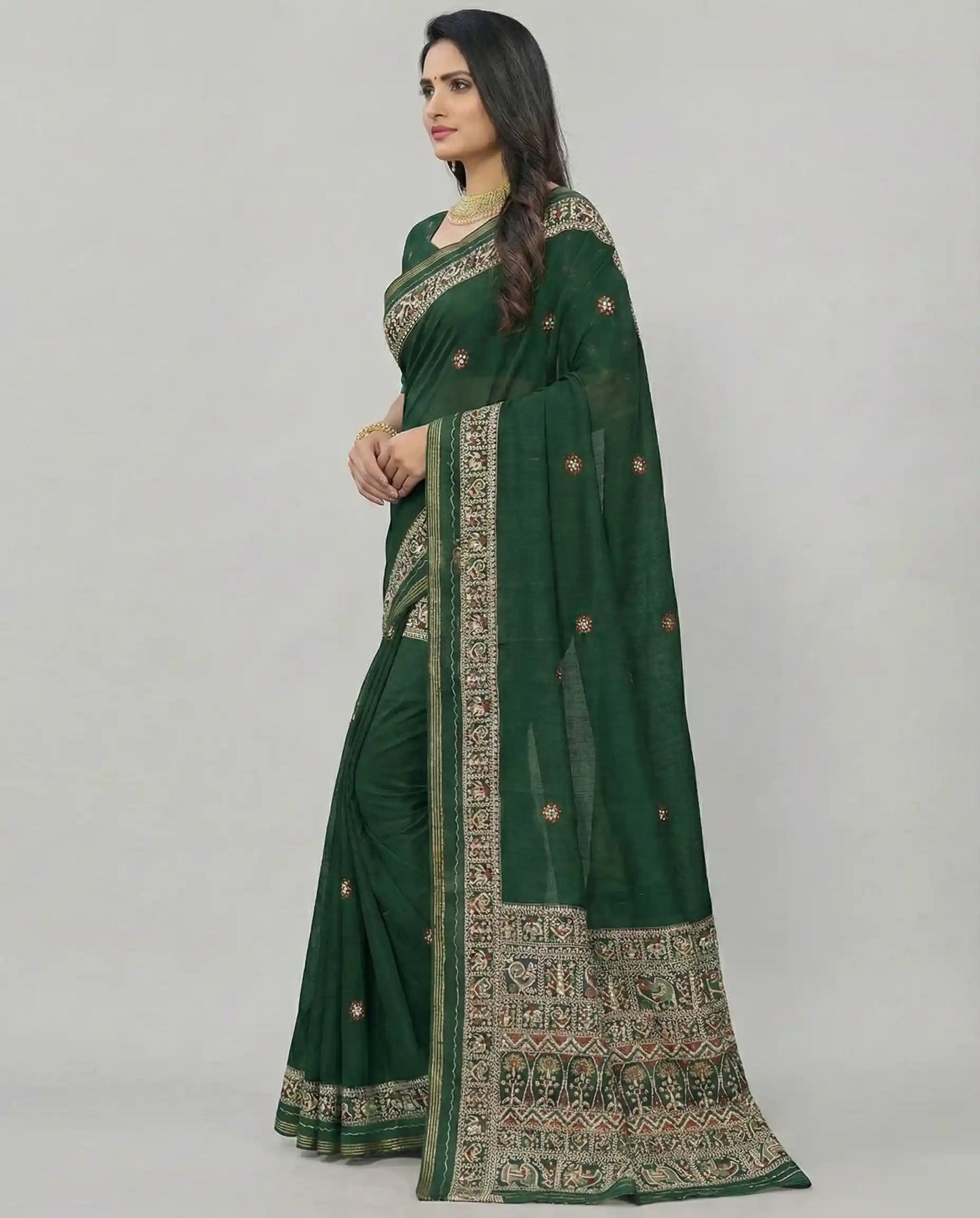 Side profile of a premium dark green Jodhpuri cotton saree showing the drape and fabric texture