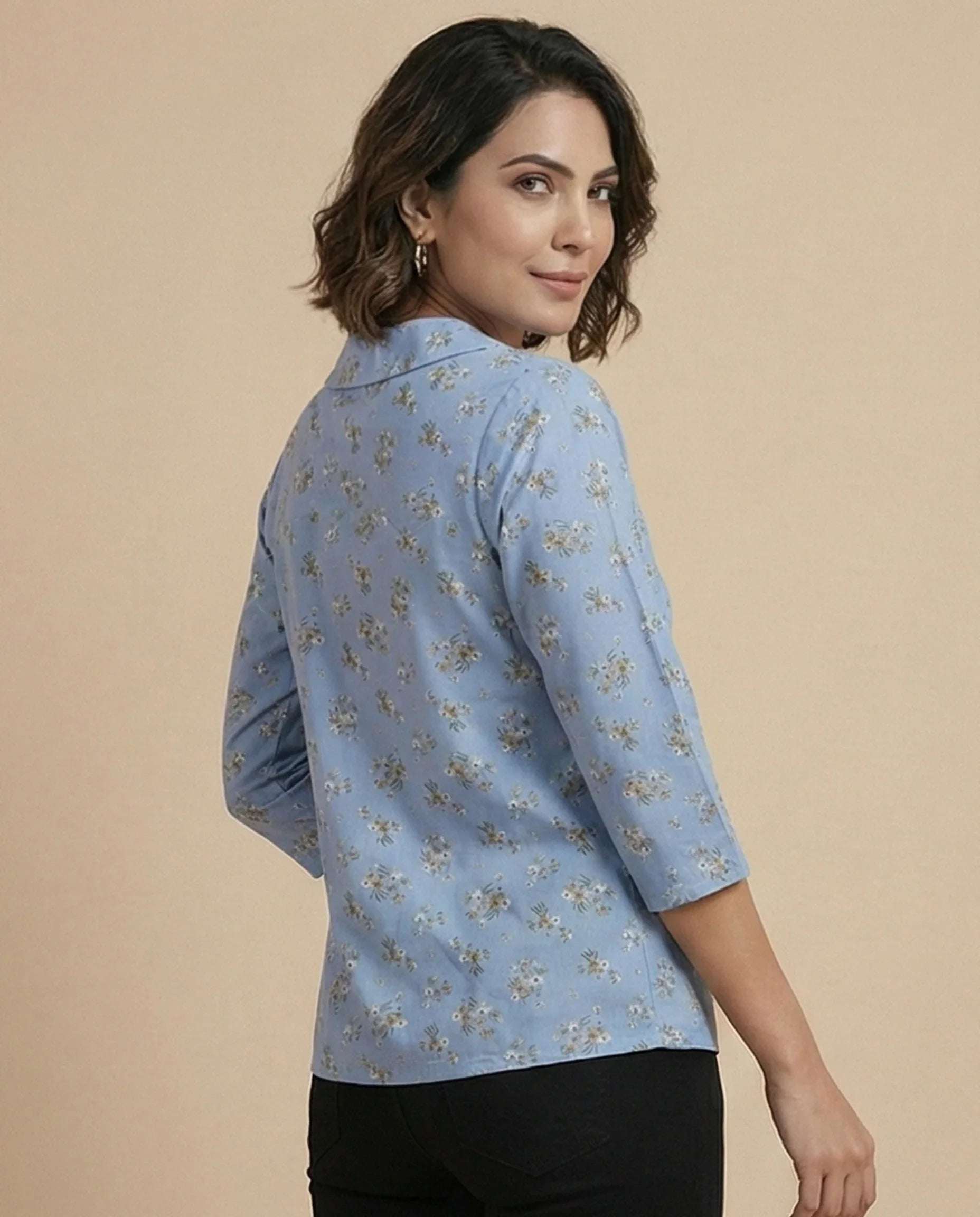 Pastel Blue Floral CropTop with Peter Pan Collar and Button Detail