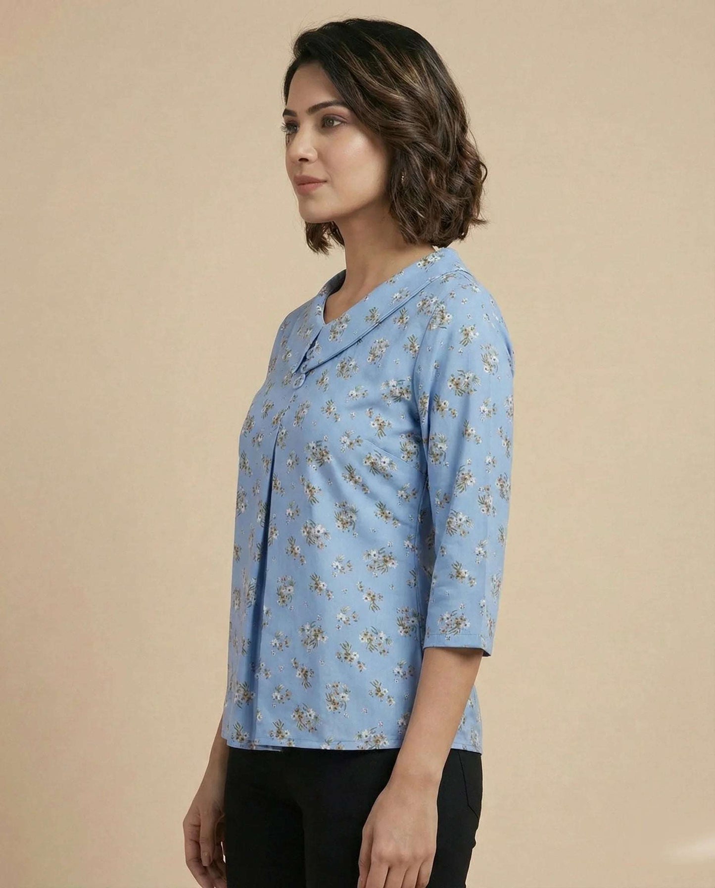 Pastel Blue Floral CropTop with Peter Pan Collar and Button Detail