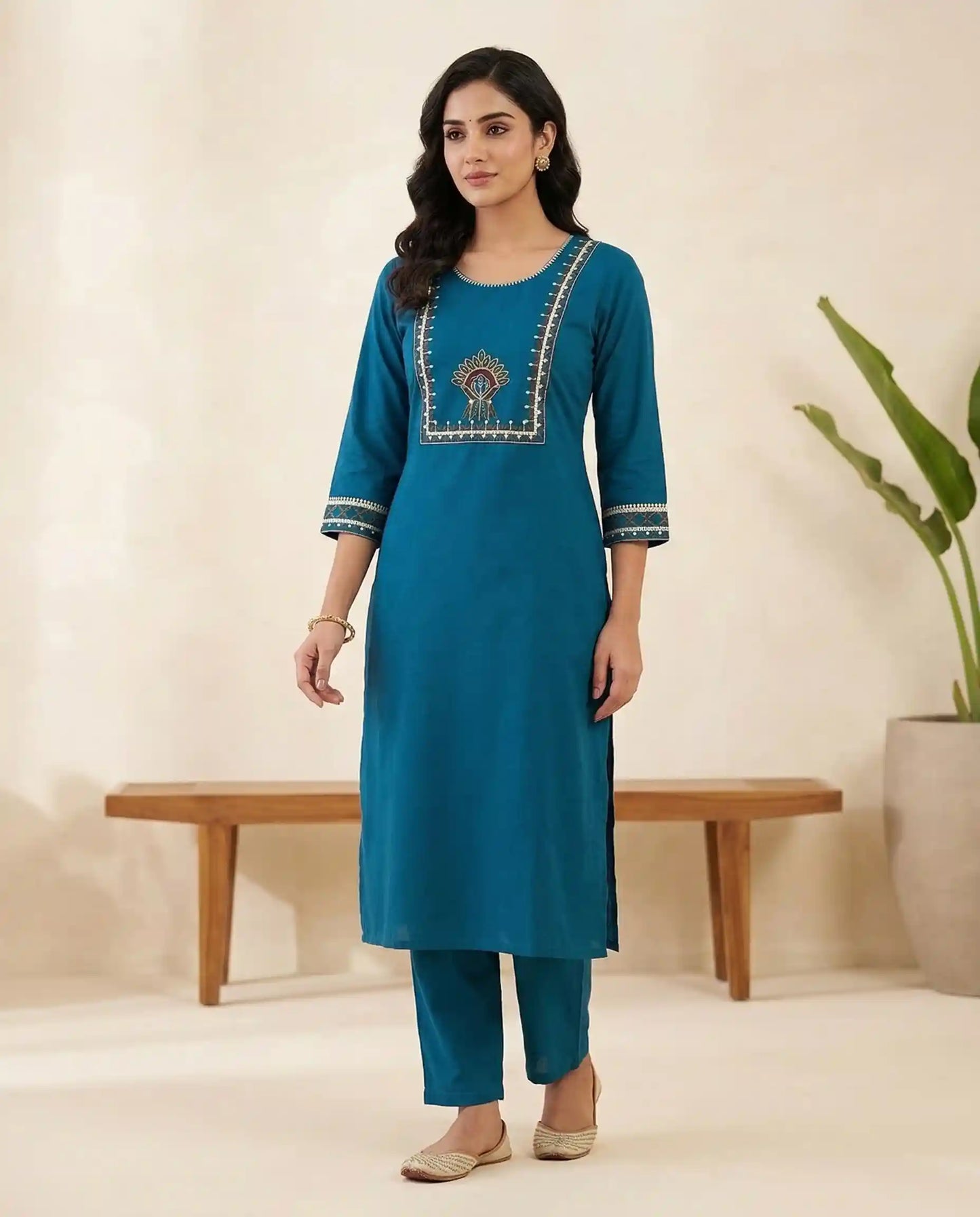 Teal Blue Embroidered Kurti set
