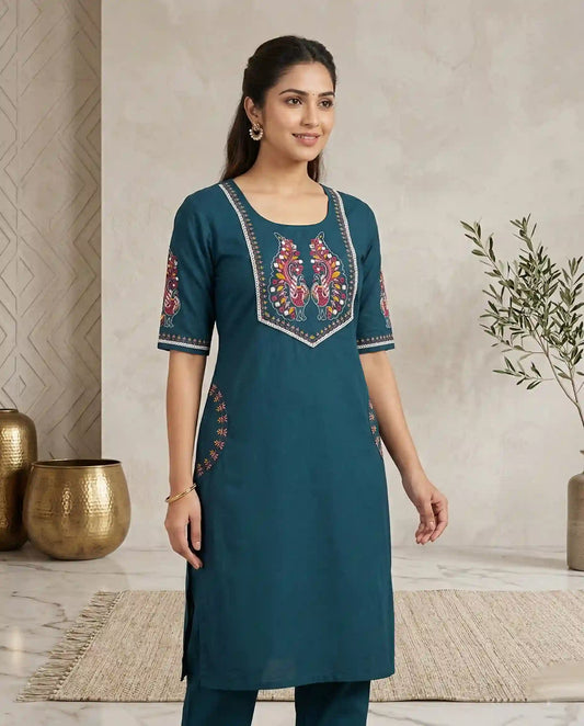 Teal Blue Cotton Kurti Set with Peacock Embroidery