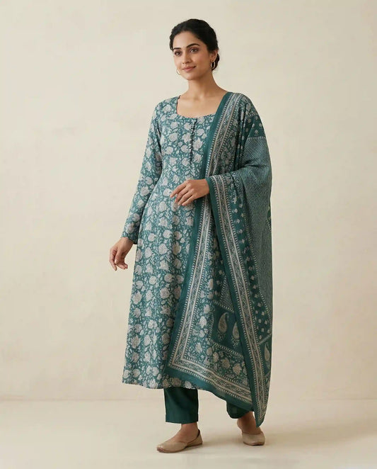 Sherlys Attire Teal Green Floral Modal Cotton Kurta Set