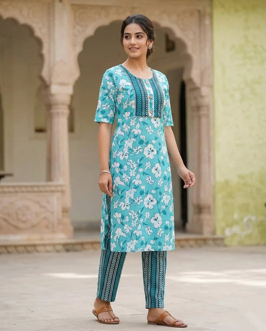 Turquoise Blue Floral Printed Cotton Kurti Set