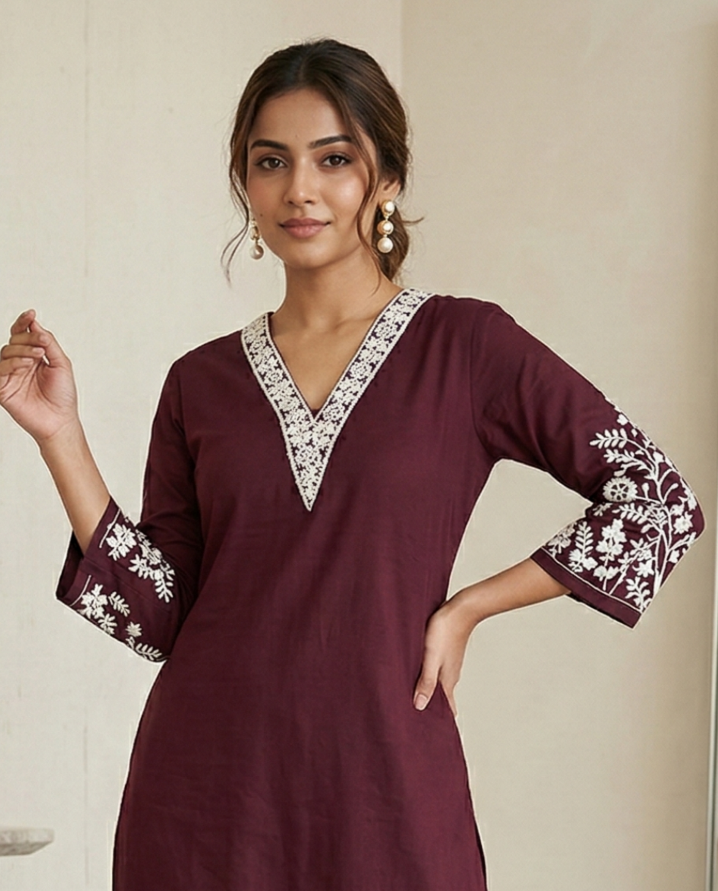 Wine Red Embroidered Cotton Kurta Set