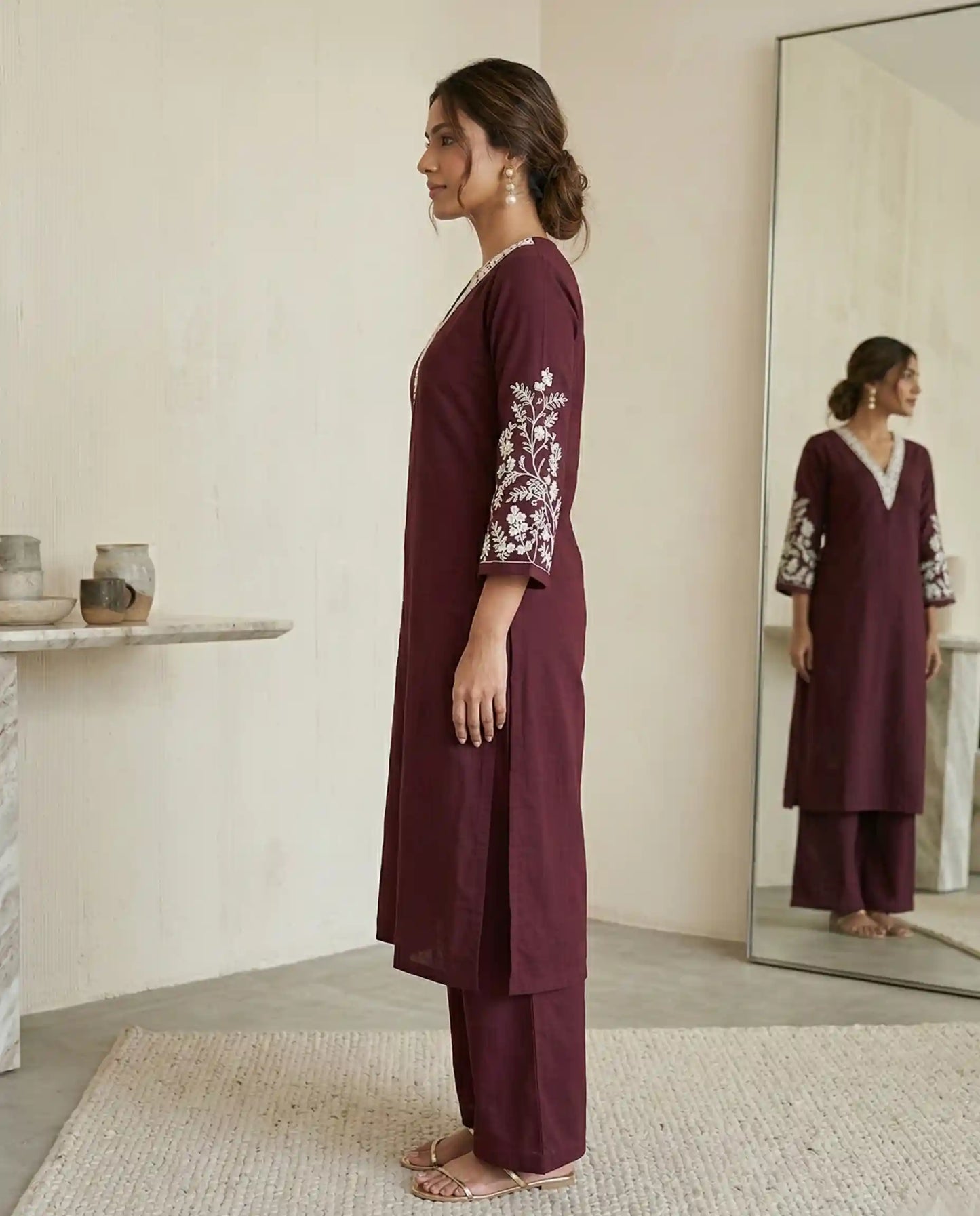Wine Red Embroidered Cotton Kurta Set