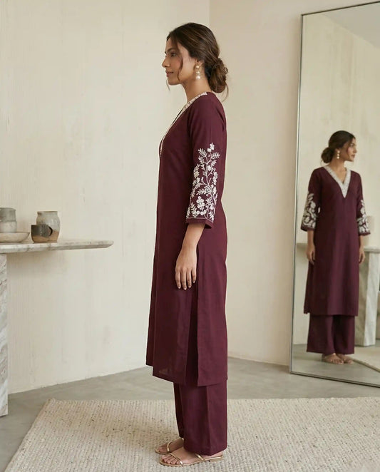 Wine Red Embroidered Cotton Kurta Set