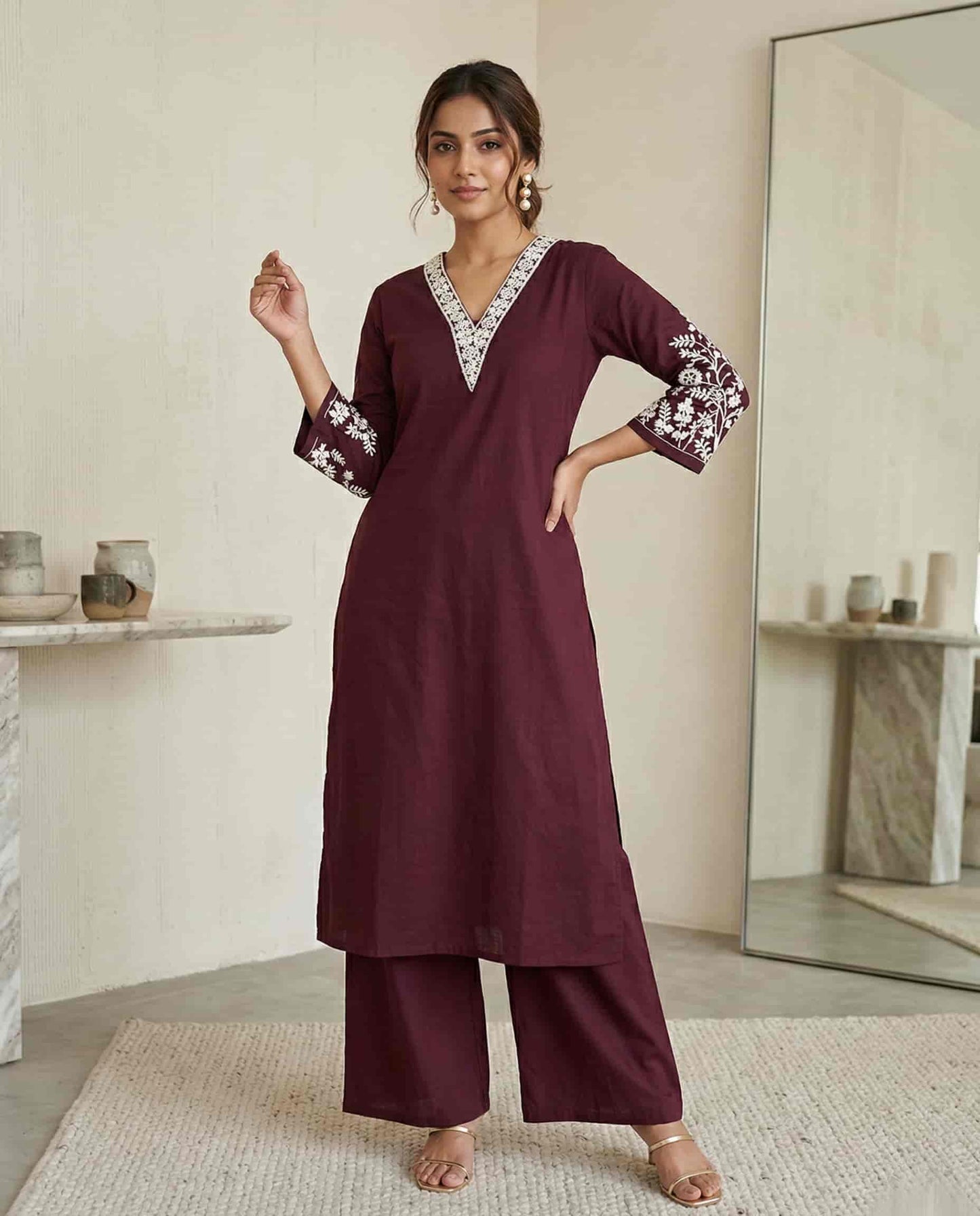 Wine Red Embroidered Cotton Kurta Set