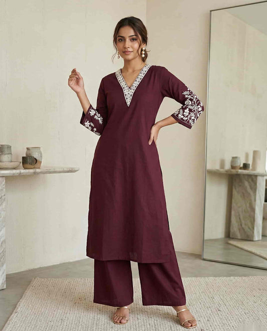 Wine Red Embroidered Cotton Kurta Set