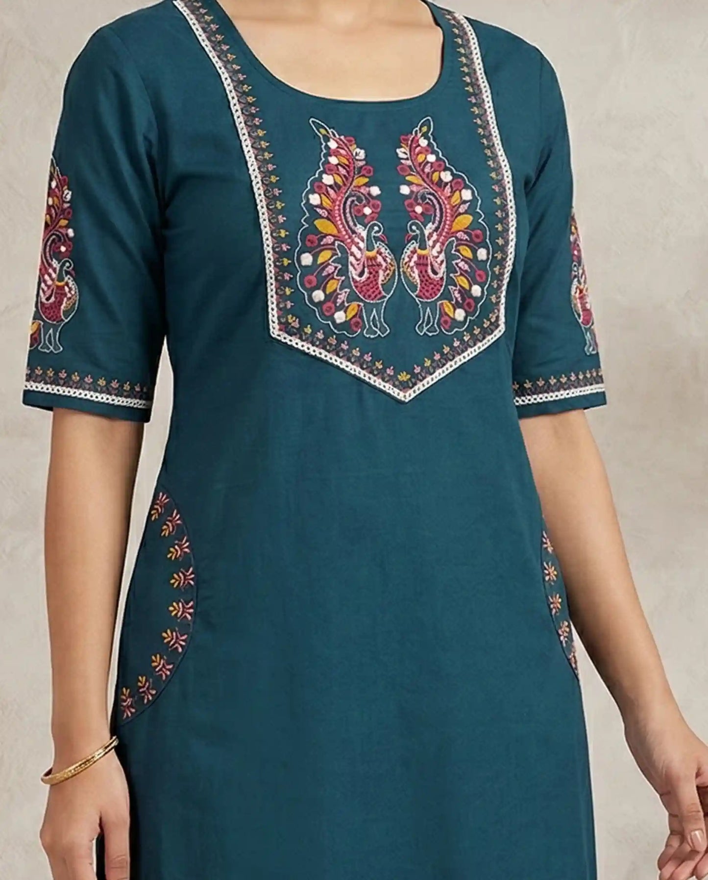 Teal Blue Cotton Kurti Set with Peacock Embroidery