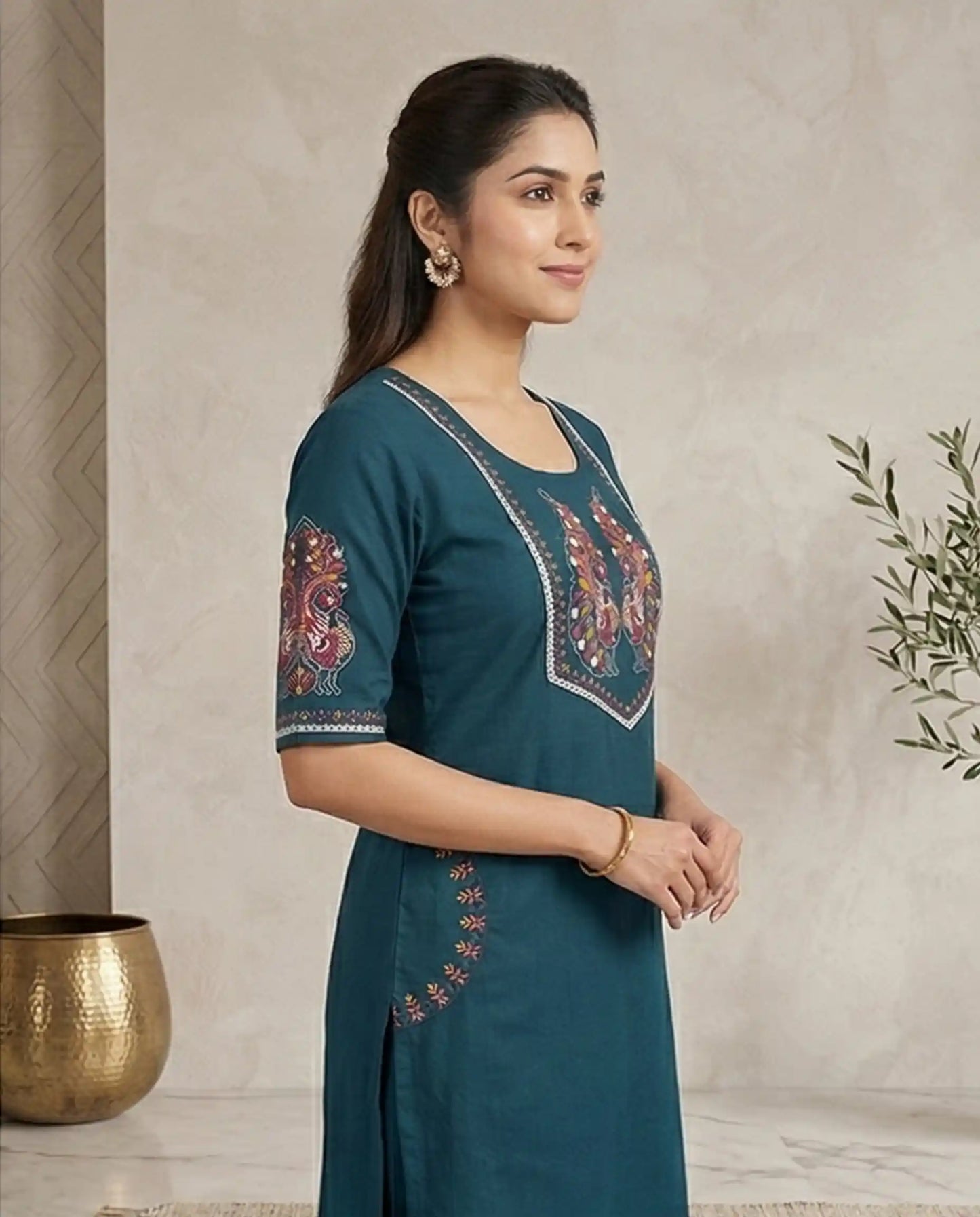 Teal Blue Cotton Kurti Set with Peacock Embroidery