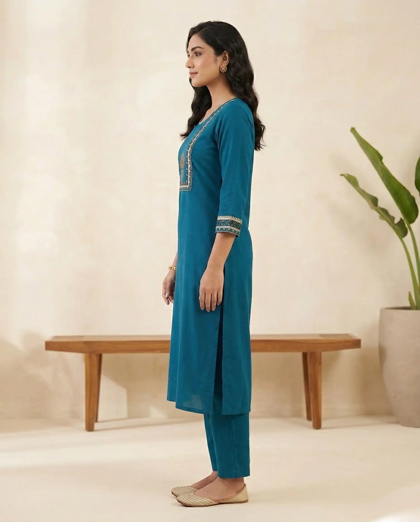 Teal Blue Embroidered Kurti set